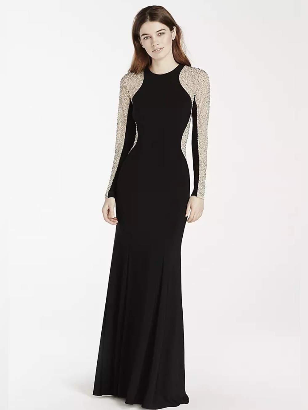 XSCAPE Caviar Beaded Illusion Long Sleeve Jersey Evening Gown Formal Dress.  L10